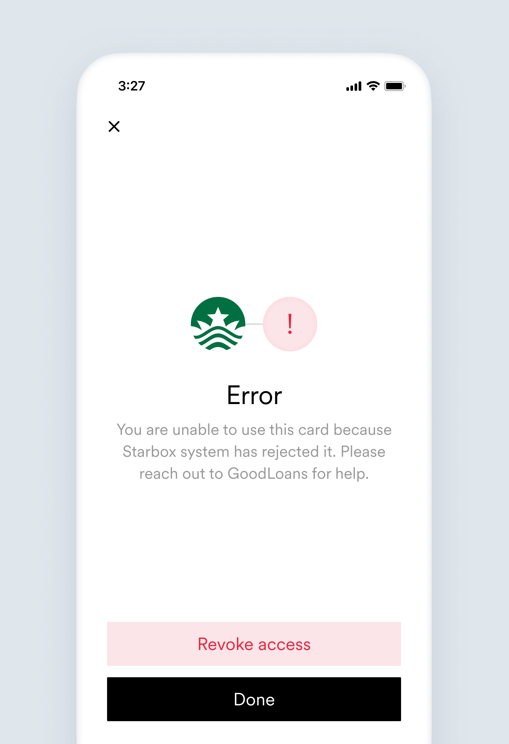 The rejected_card direct deposit switching error screen.