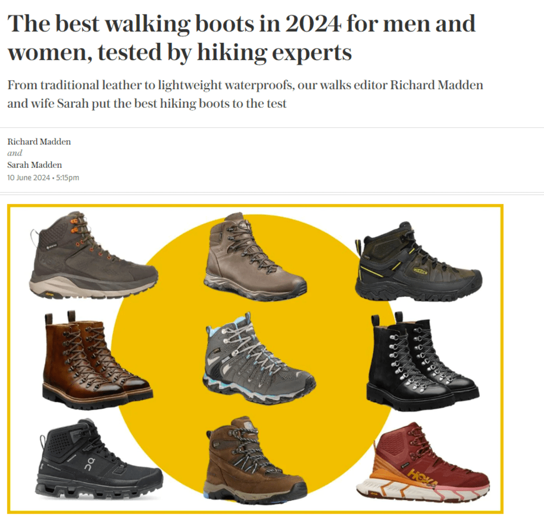 The title page of a Telegraph article on the best walking boots for men.