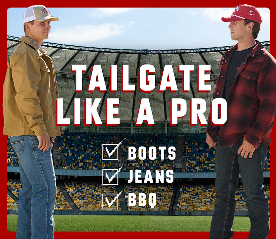 Two men in casual stadium style with Tailgate Like a Pro graphic overlay
