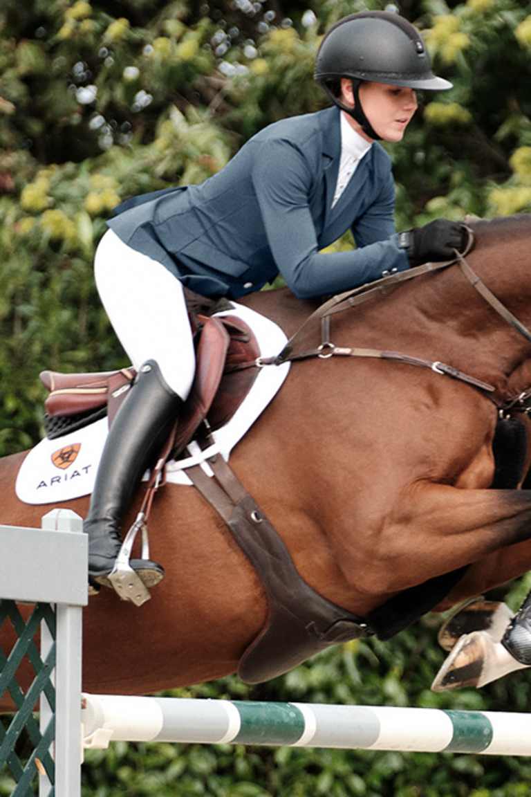 Showjumper on horse, jumping over a jump.