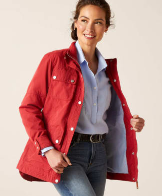 woman in red water resistant jacket
