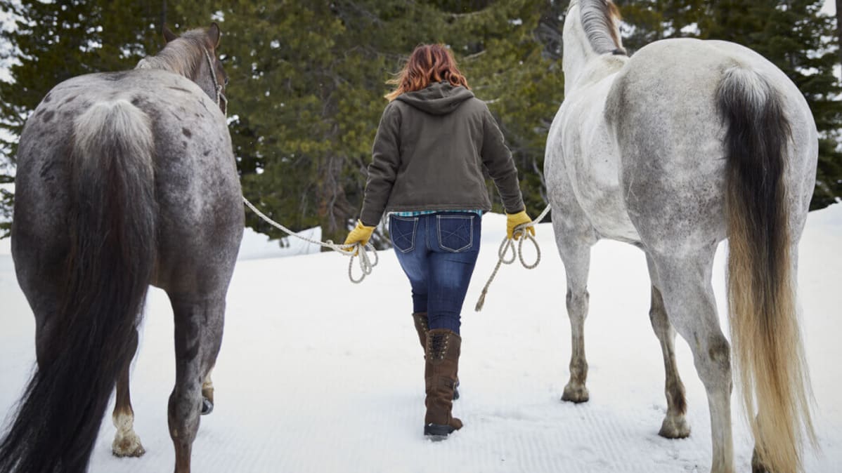 woman walking with two horses in snow