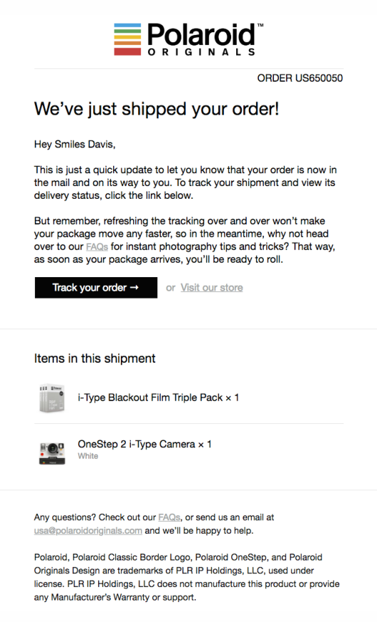 polaroid shipment email