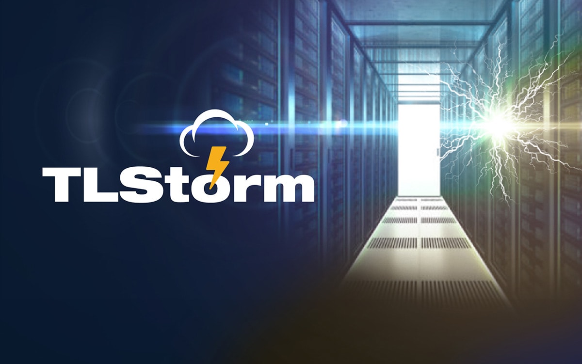 TLStorm logo on data center background with lightning