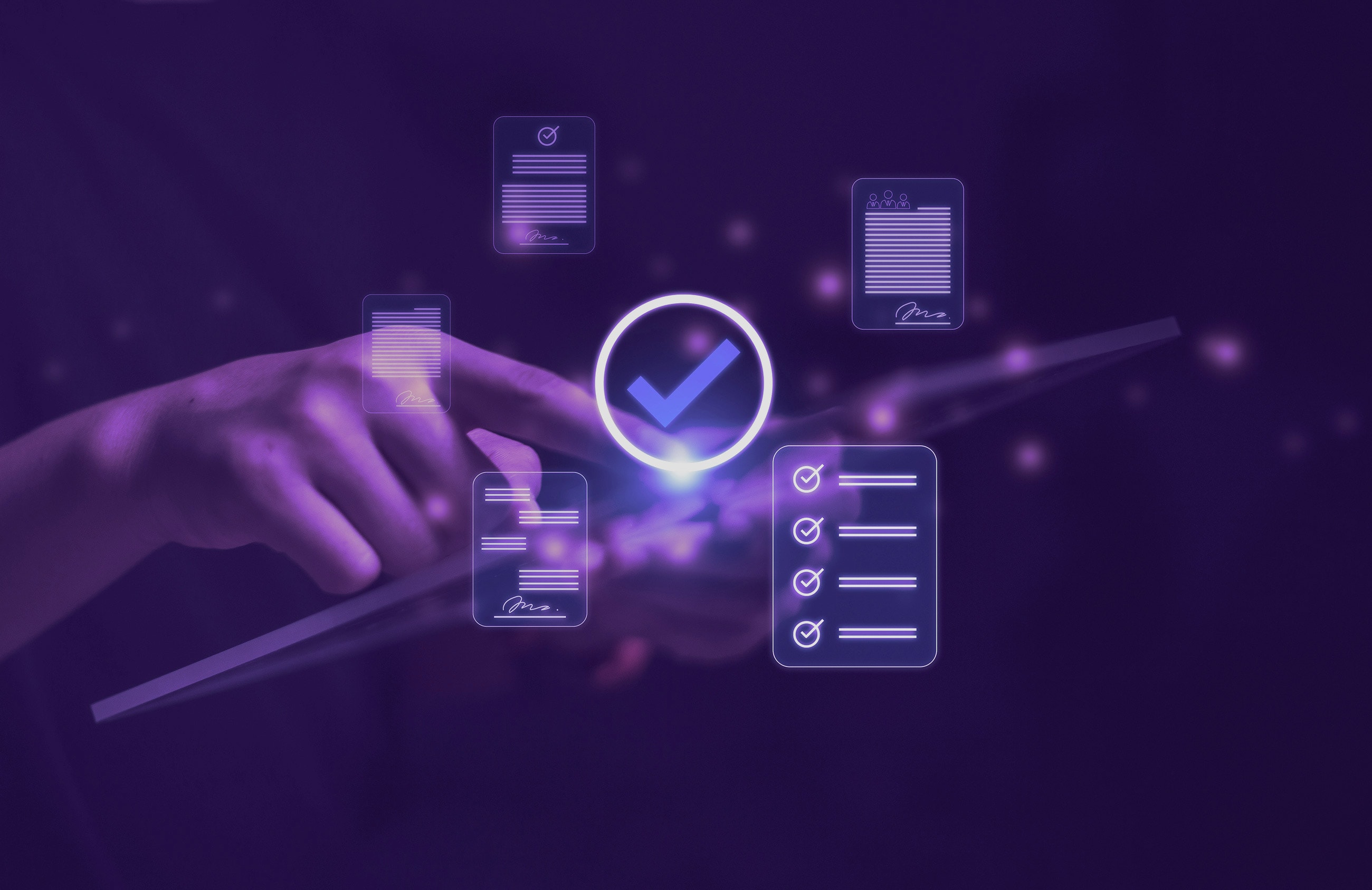 hand touching tablet with qa icons overlay