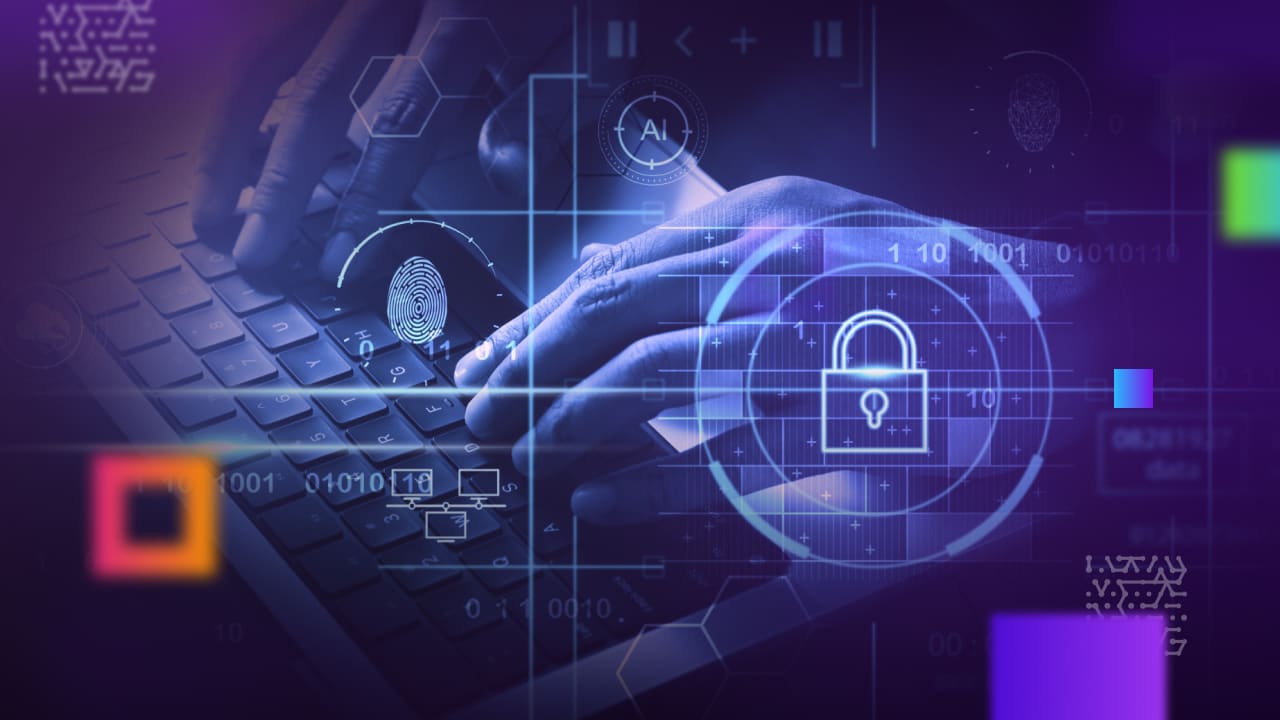 businessman using laptop computer with digital padlock