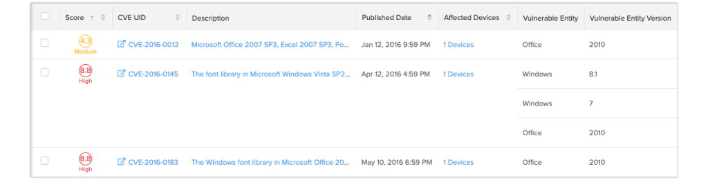 Armis Standard Query (ASQ) vulnerabilities query results of devices running Microsoft Office