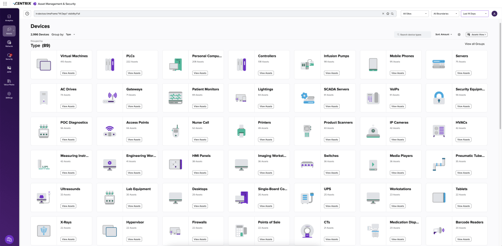 Armis Platform inventory catalog showing devices by type