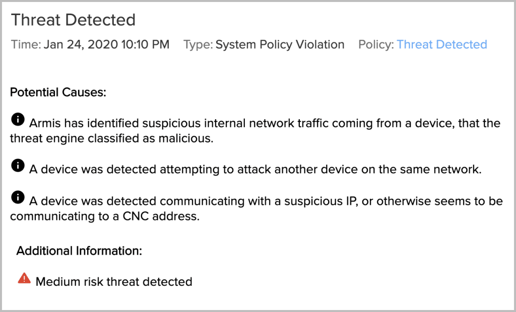 Armis Threat Detected - System Policy Violation - Medium Risk