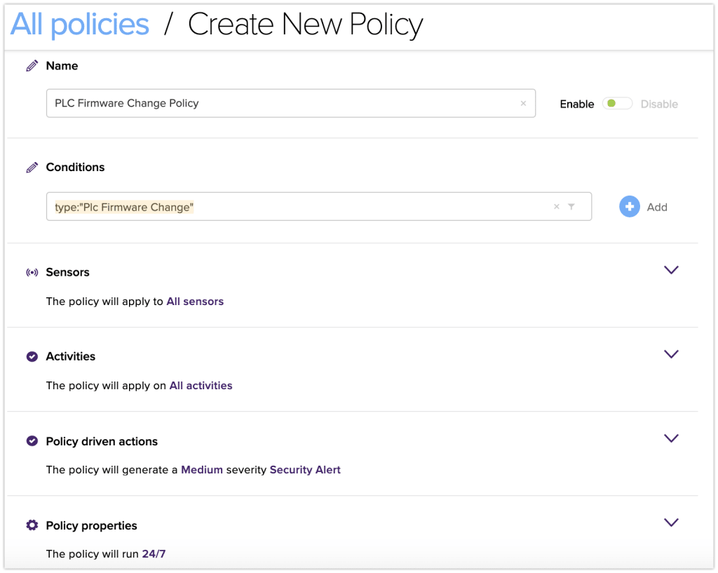 Armis create new policy - PLC firmware change policy