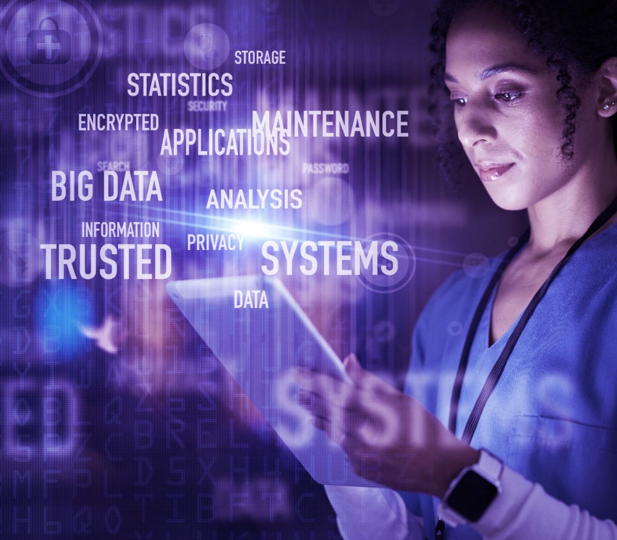 Nurse looking at tablet - medical cybersecurity terms