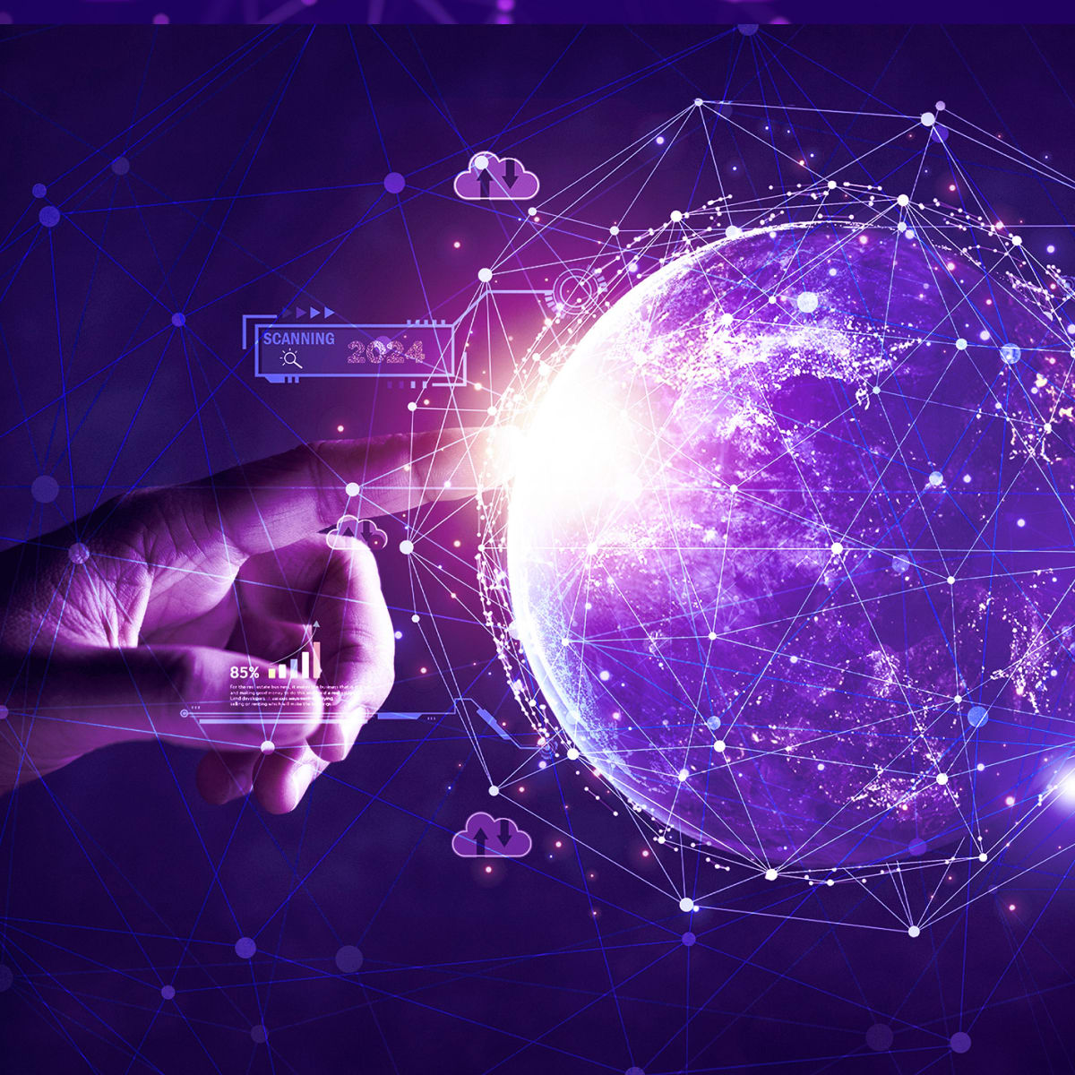 finger touching globe surrounded by business tech icons