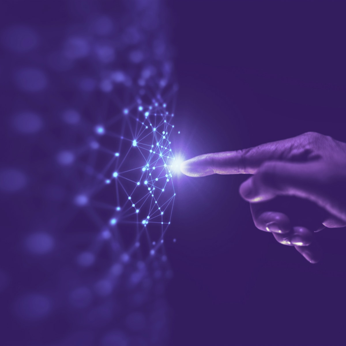 finger touching mesh of dots and lines - network concept