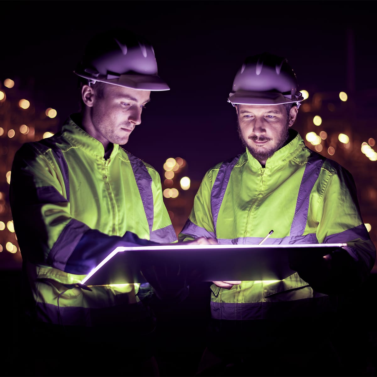 Two engineers looking at electronic screen at night