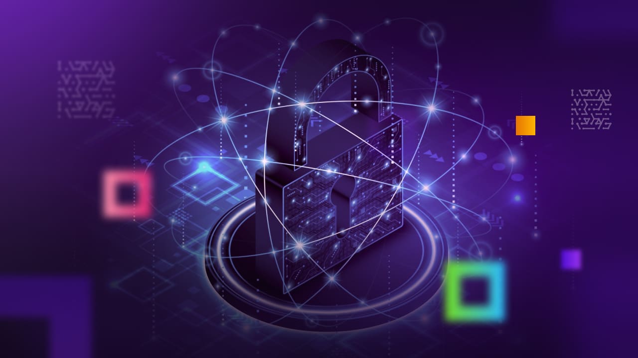 Cyber security concept. padlock icon on digital background in 3d perspective