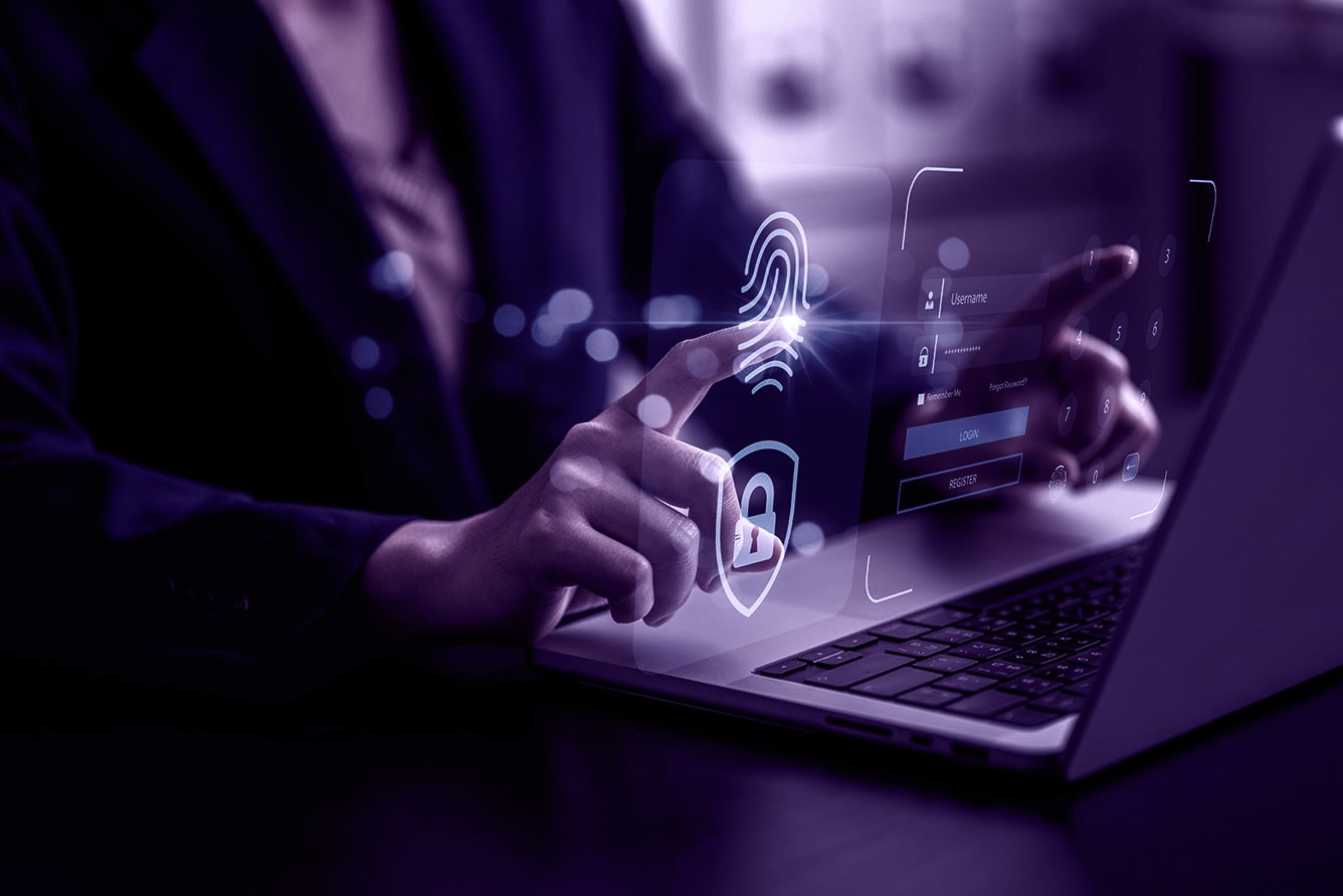 woman touching fingerprint id overlay, cyber security concept