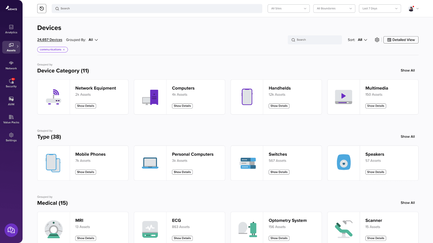 Armis Centrix™ devices dashboard screenshot
