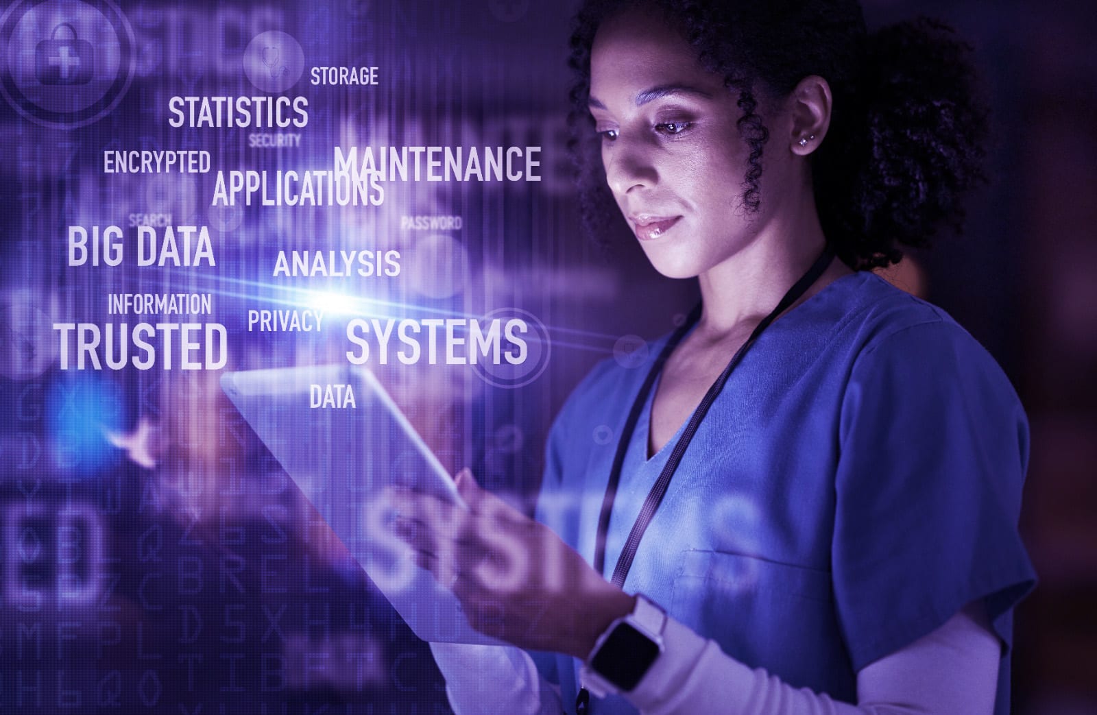 Nurse looking at tablet - medical cybersecurity terms