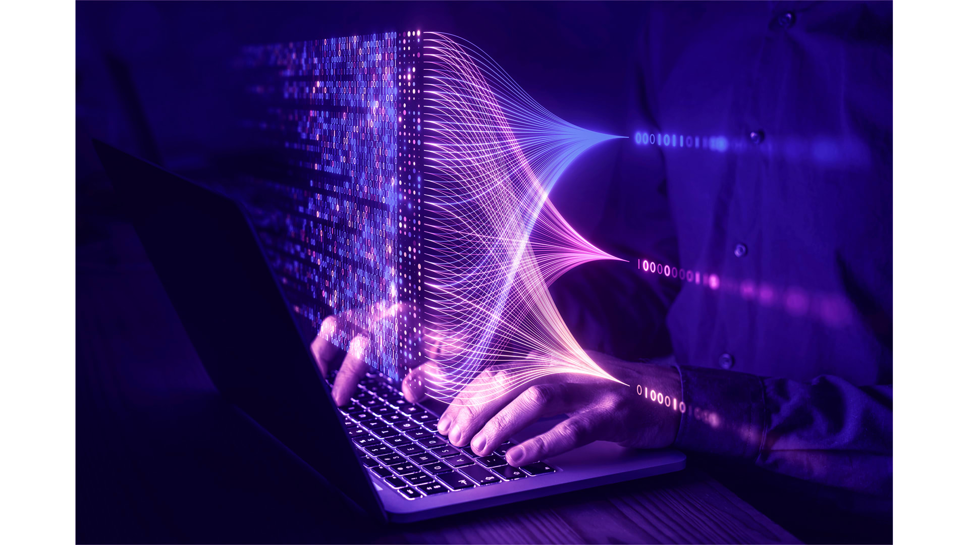 man at laptop with data converging overlay