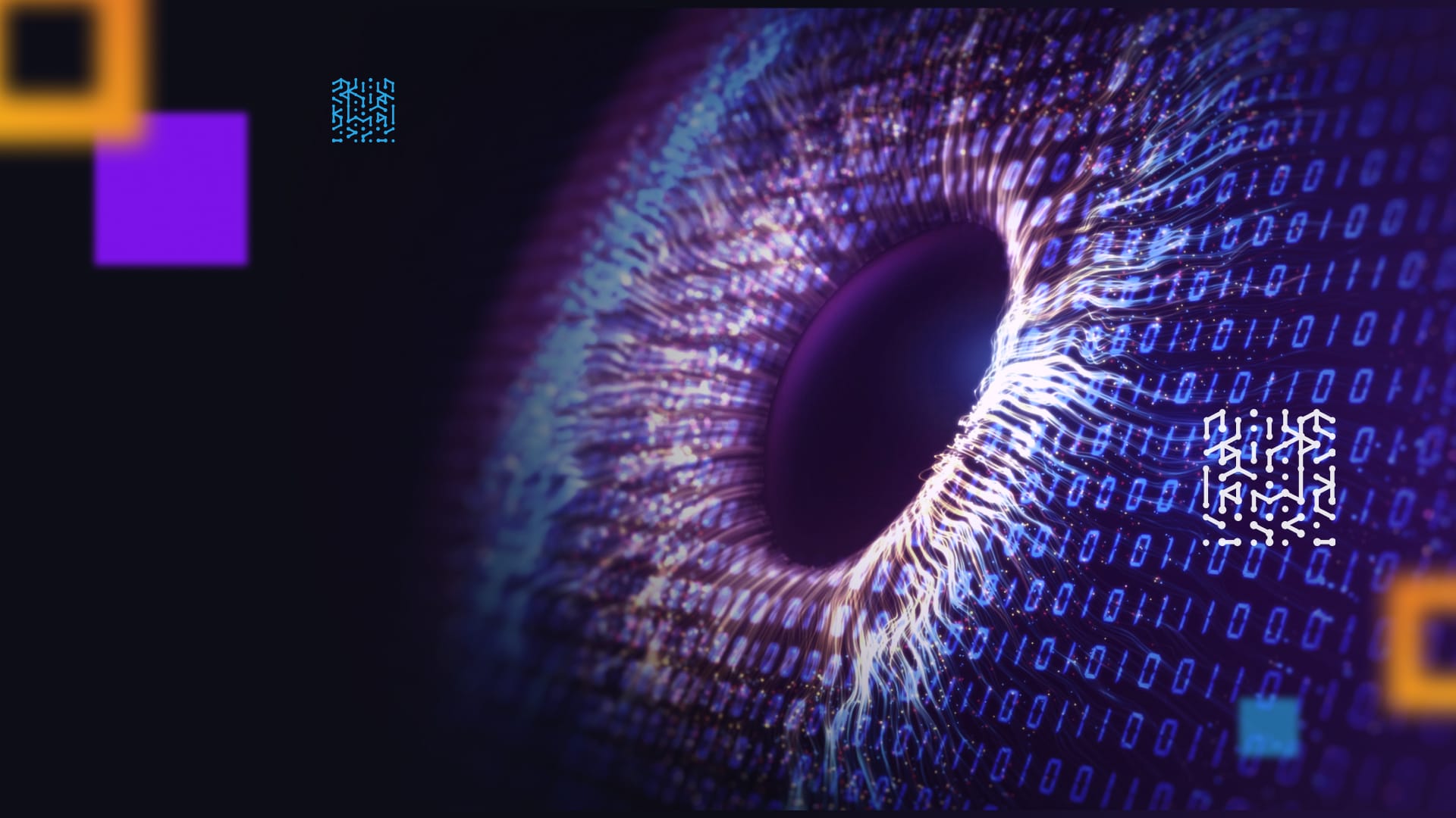 iris of eye with colorful binary code overlay branded