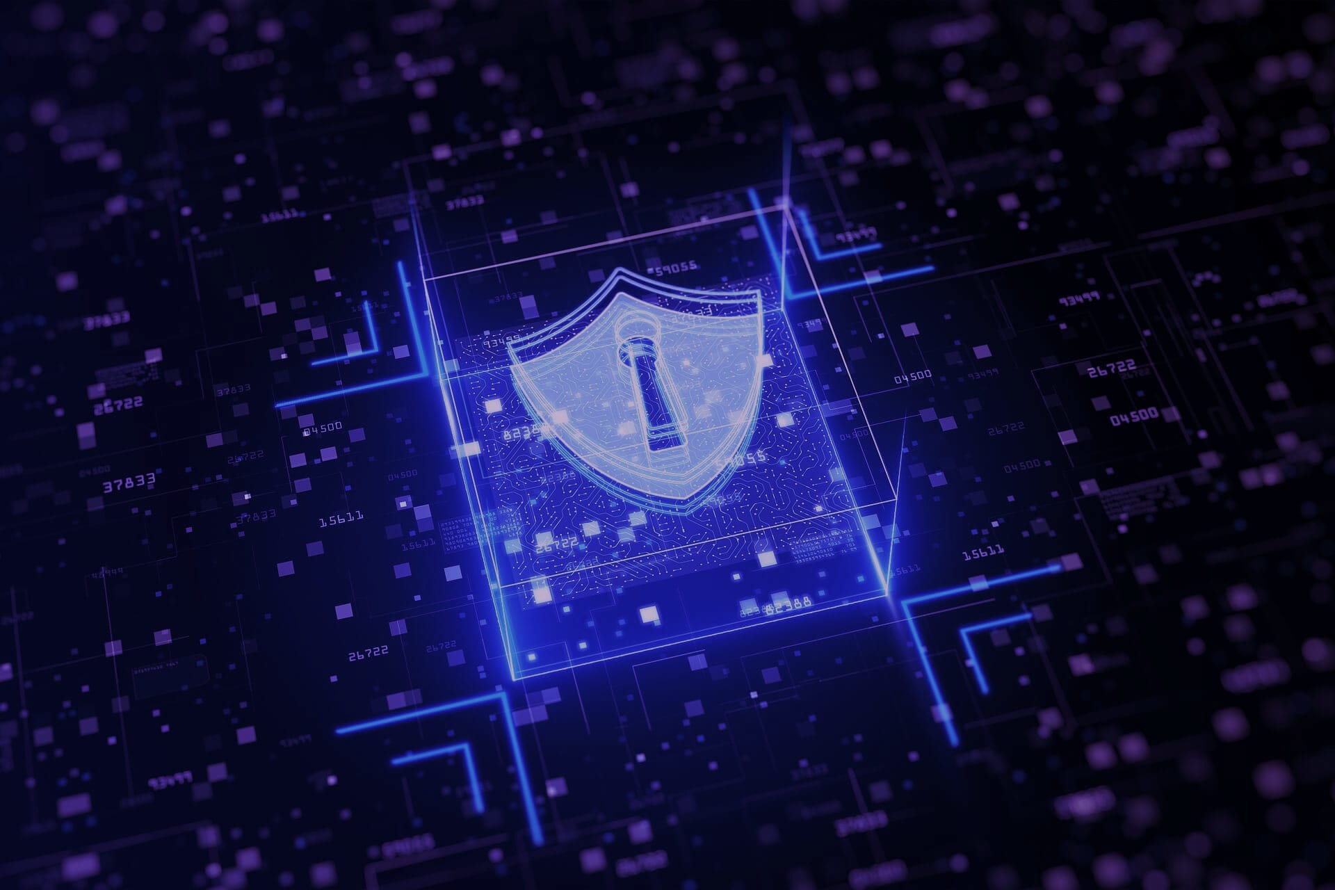 hi-tech shield of cyber security, digital data network protection