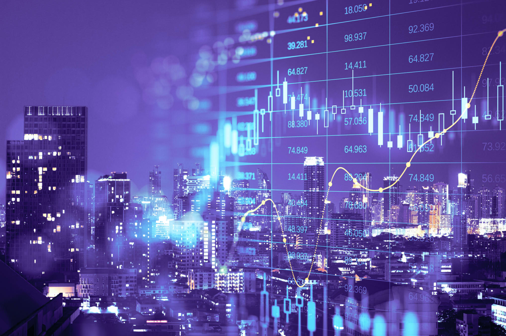 financial chart on blurry city backdrop