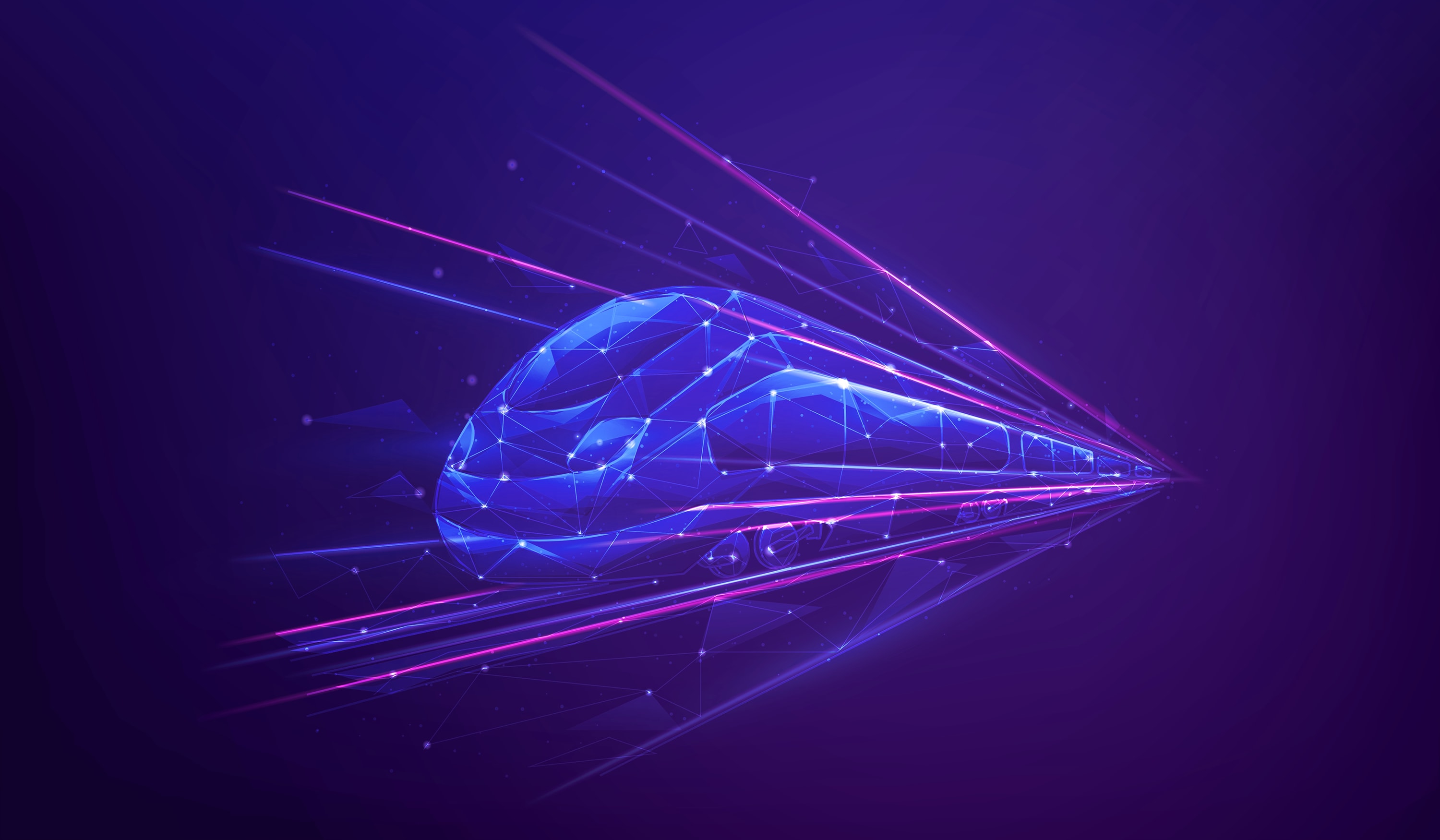 glowing blue wireframe high speed train illustration