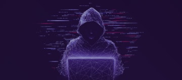 abstract polygonal hacker with laptop on technology dark background