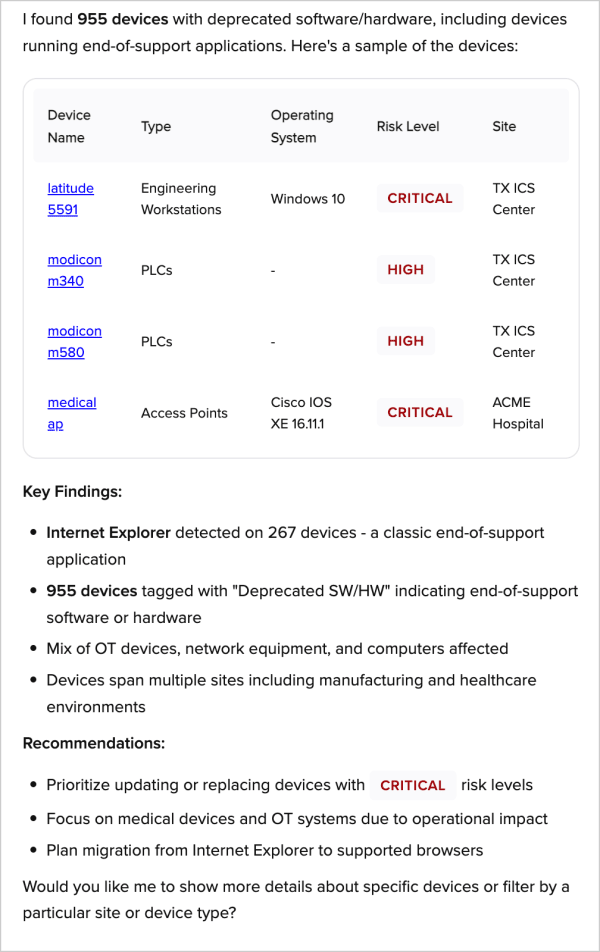 Armis Centrix™ MCP Sever Screenshot - Asset Lifecycle Management