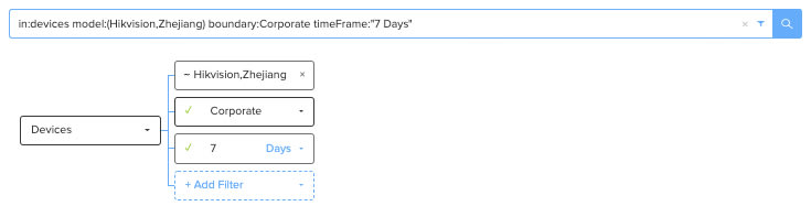 ASQ query looking for devices with the model of Hikvision or Zhejiang