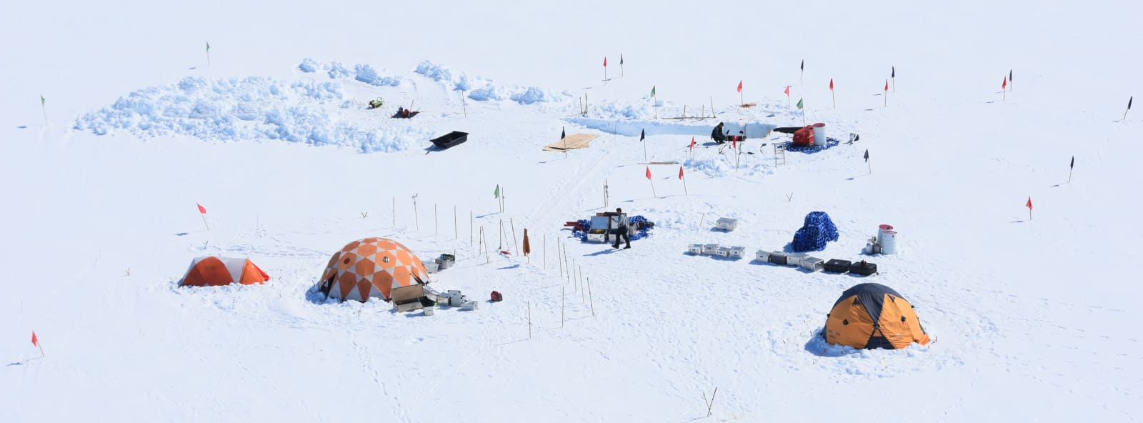 Greenland ice-sheet recovery camp and marked work area
