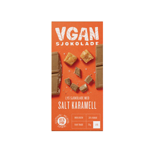 Vgan lys sjokolade, salt karamell & mandel 70g Sjokolade