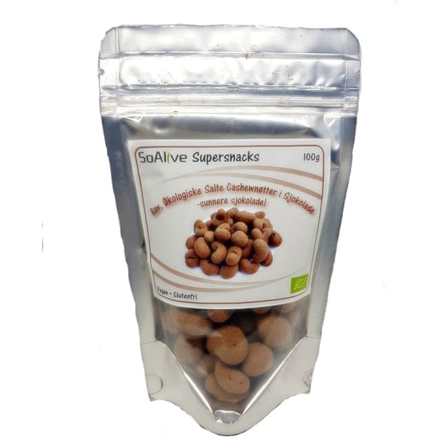 Økologisk salte cashewnøtter med sjokolade 100g