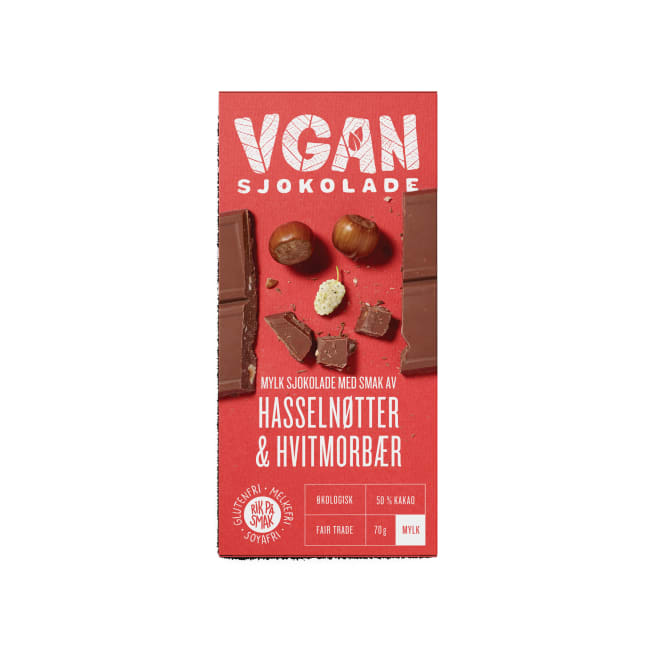 Vgan sjokolade med hasselnøtter og hvitmorbær 70g Sjokolade