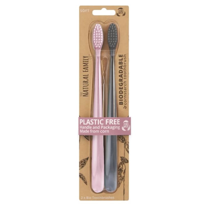 Tannbørste av maisstivelse, rosa & grå, 2 stk