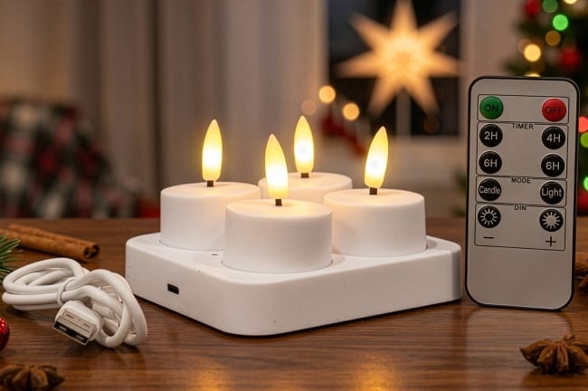 T-lys Hvit 4stk oppladbar med fjernkontroll & timer (12)