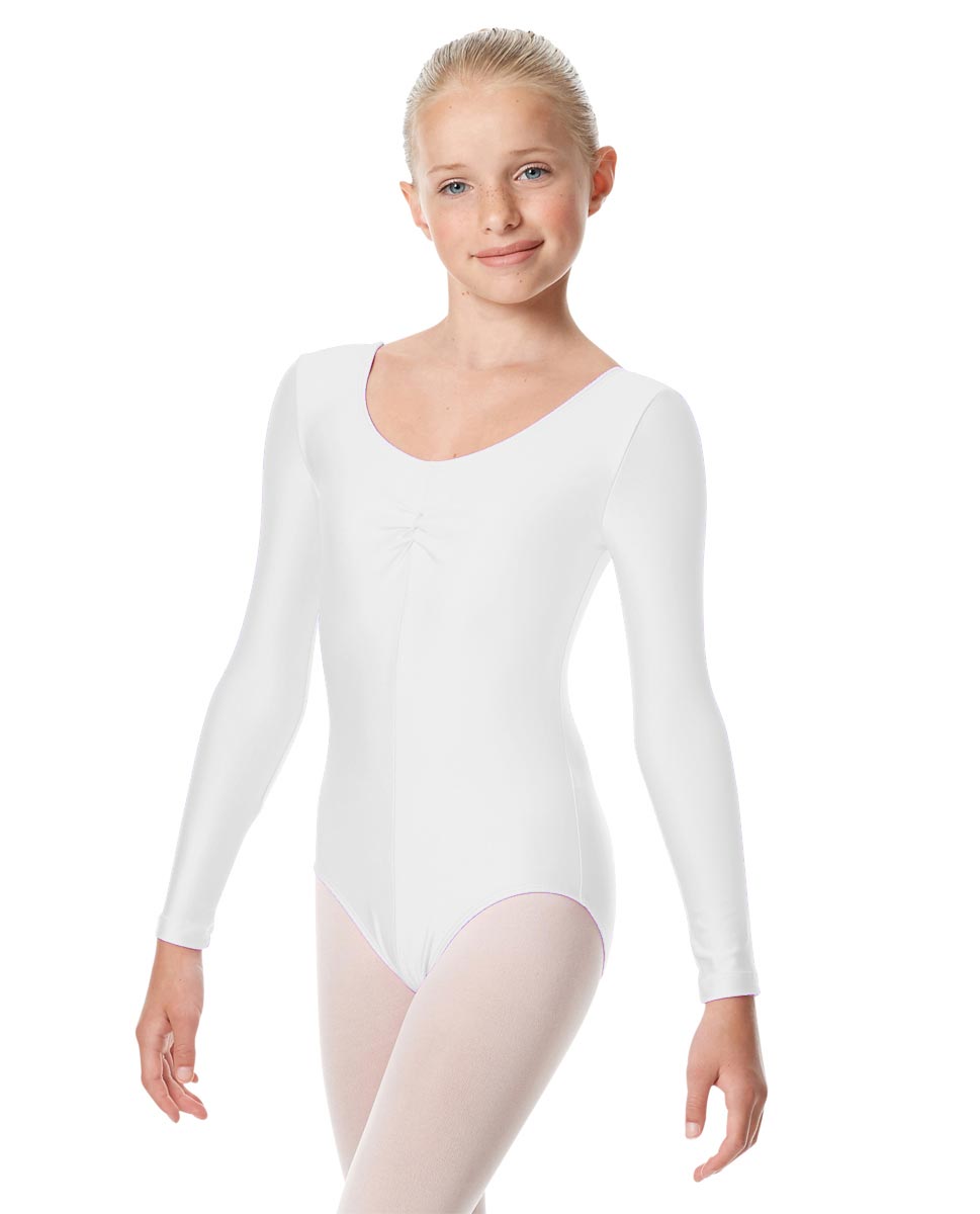 Child Shiny Long Sleeve Pinch Front Ballet Leotard Giselle WHI