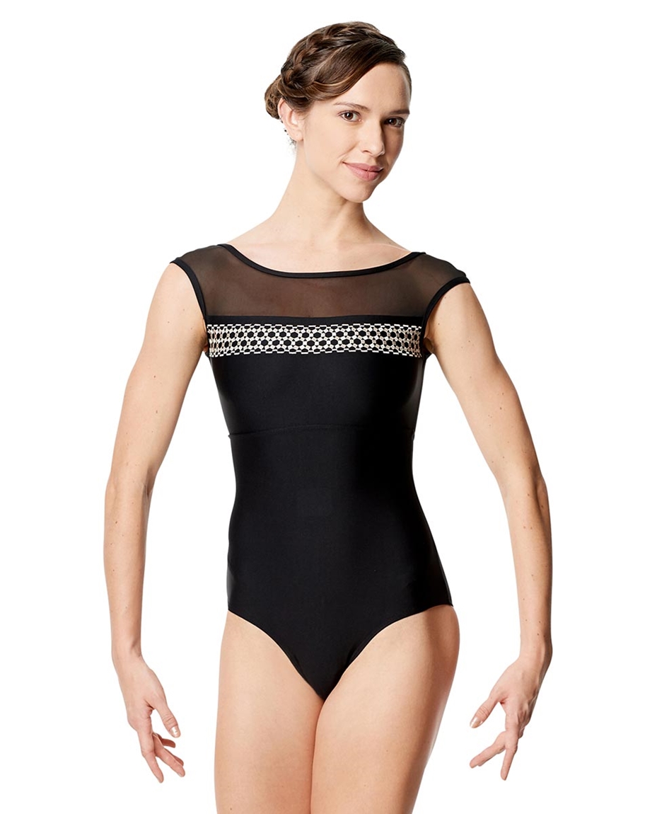 Adult Embroidered Microfiber Cap Sleeve Leotard Edeli BLK-edeli-adult-embroidered-micro-and-mesh-cap-sleeve-leotard