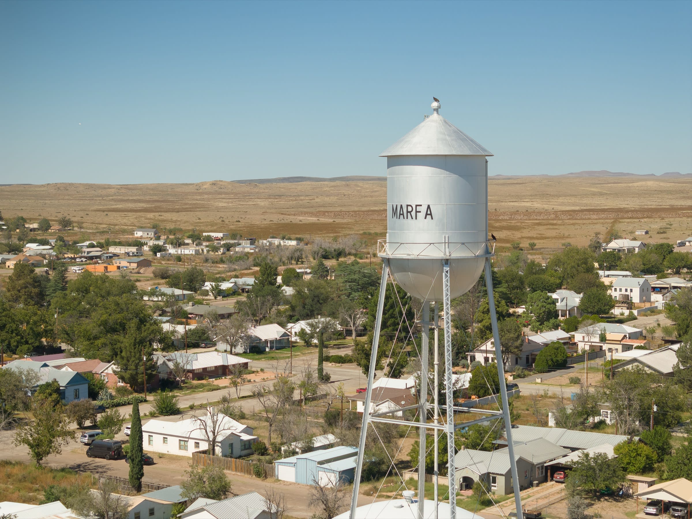 Marfa water tower in the West Texas desert