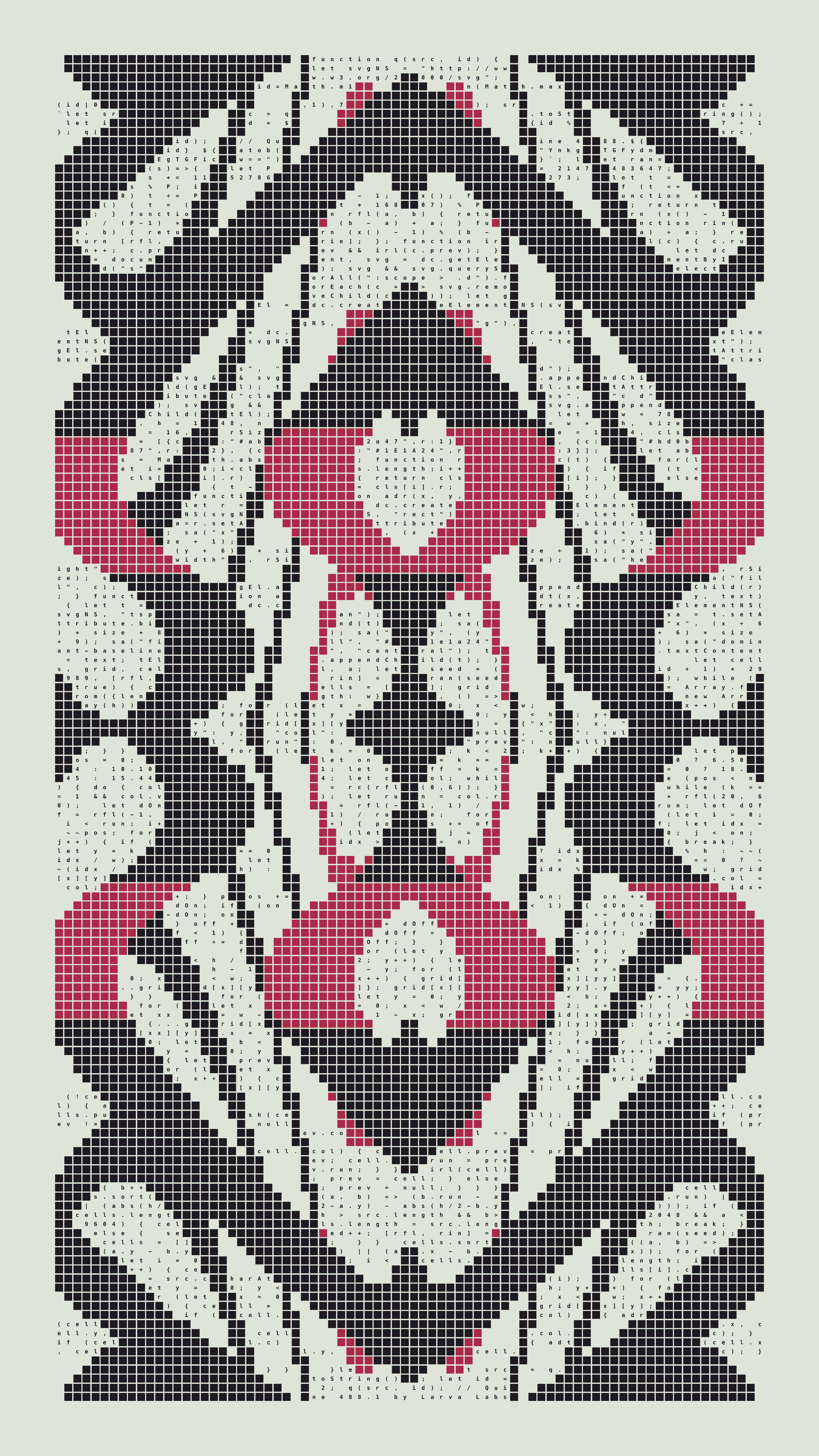 Quine by Larva Labs — generative artwork with pixel grid encoding its own source code