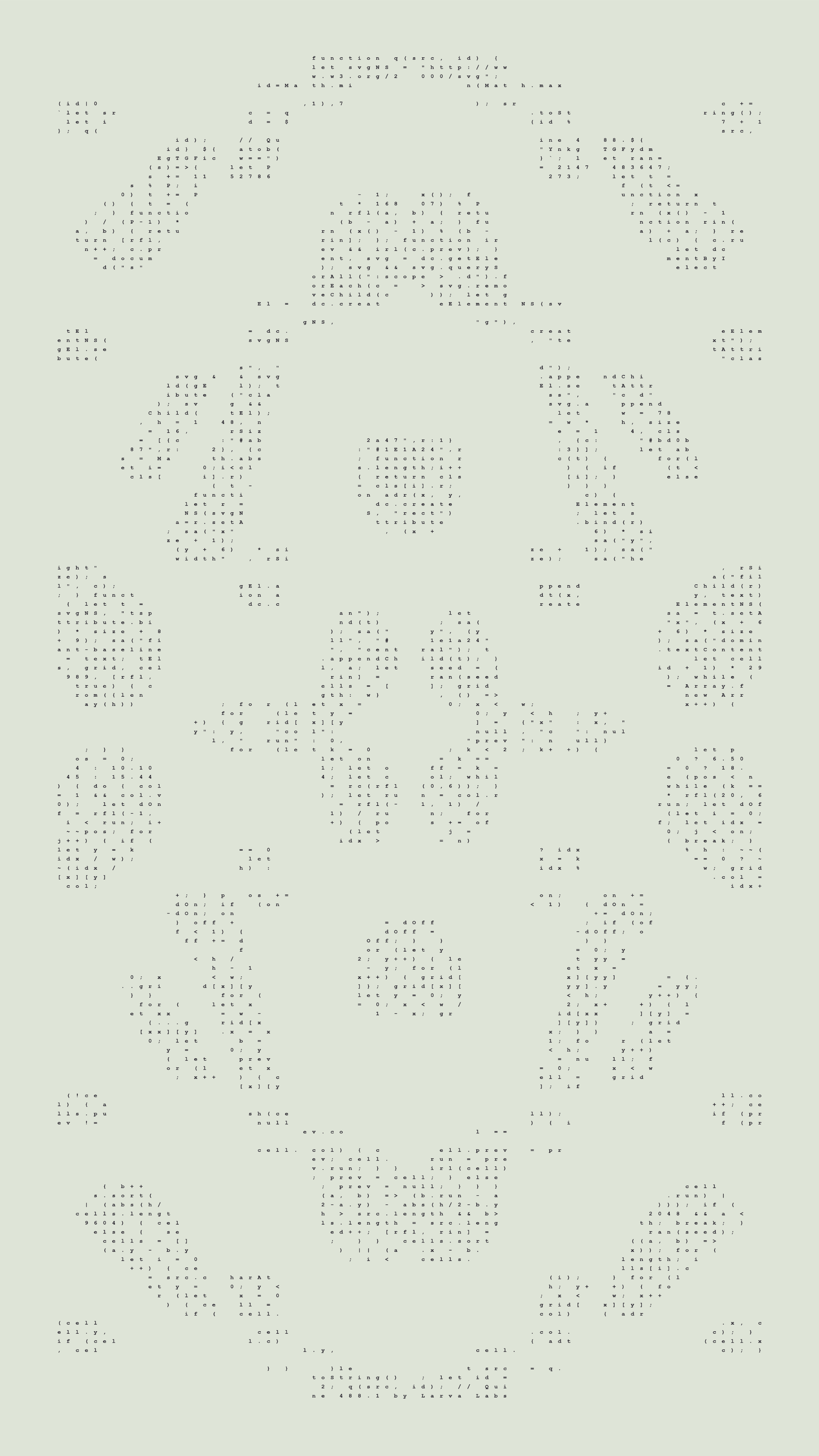 Quine by Larva Labs — source code view showing the self-replicating program