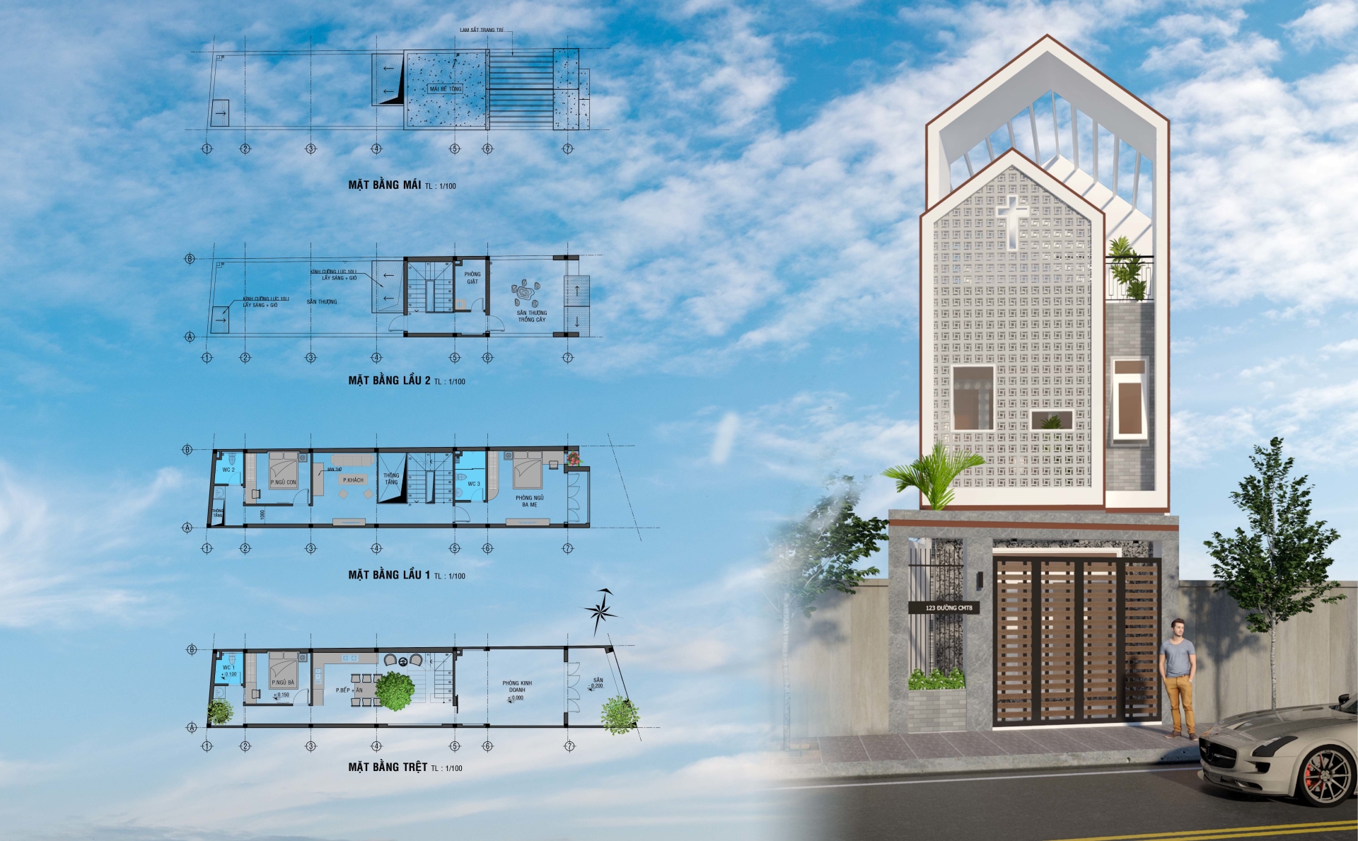 Thiết Kế Nhà Phố 3 Tầng Hướng Đông Phong Cách Hiện Đại 4,5x23m