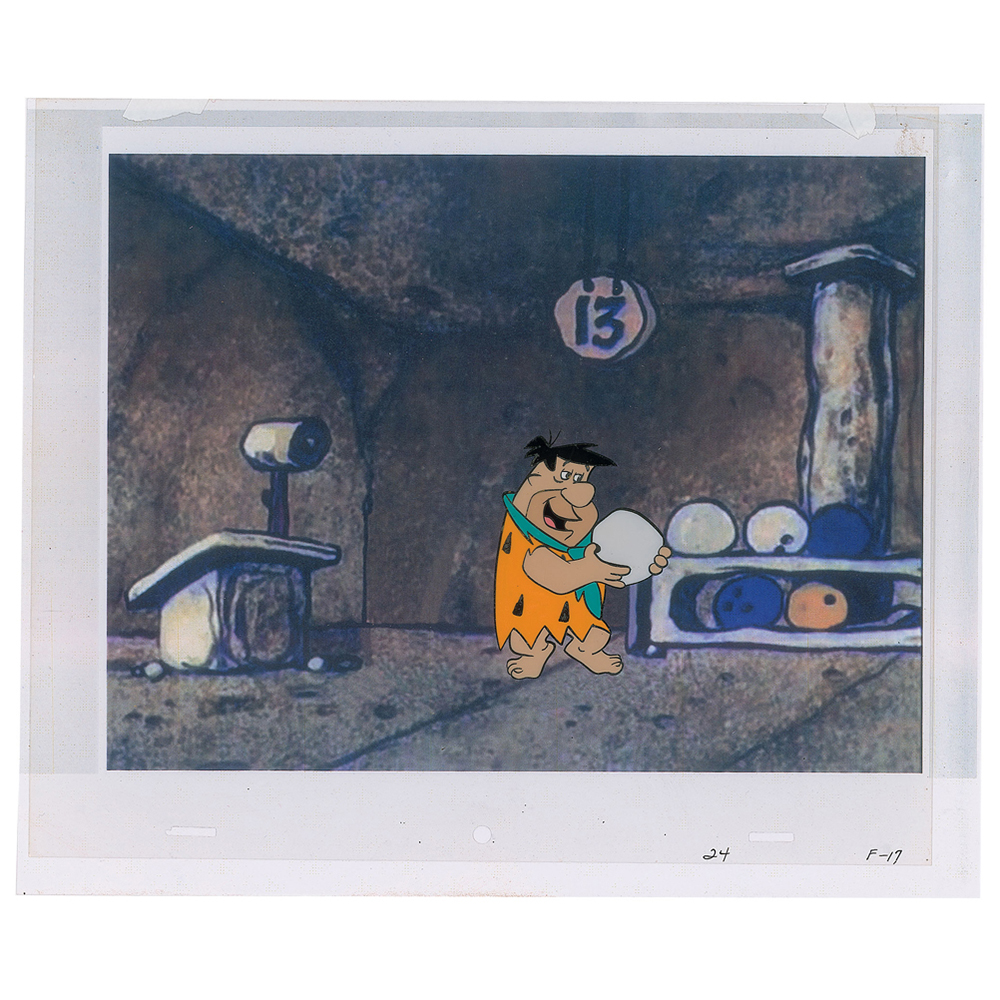 Fred Flintstone and Pebbles production cel and production background