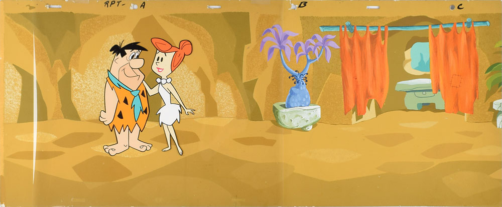 Fred and Wilma Flintstone production cel and production background