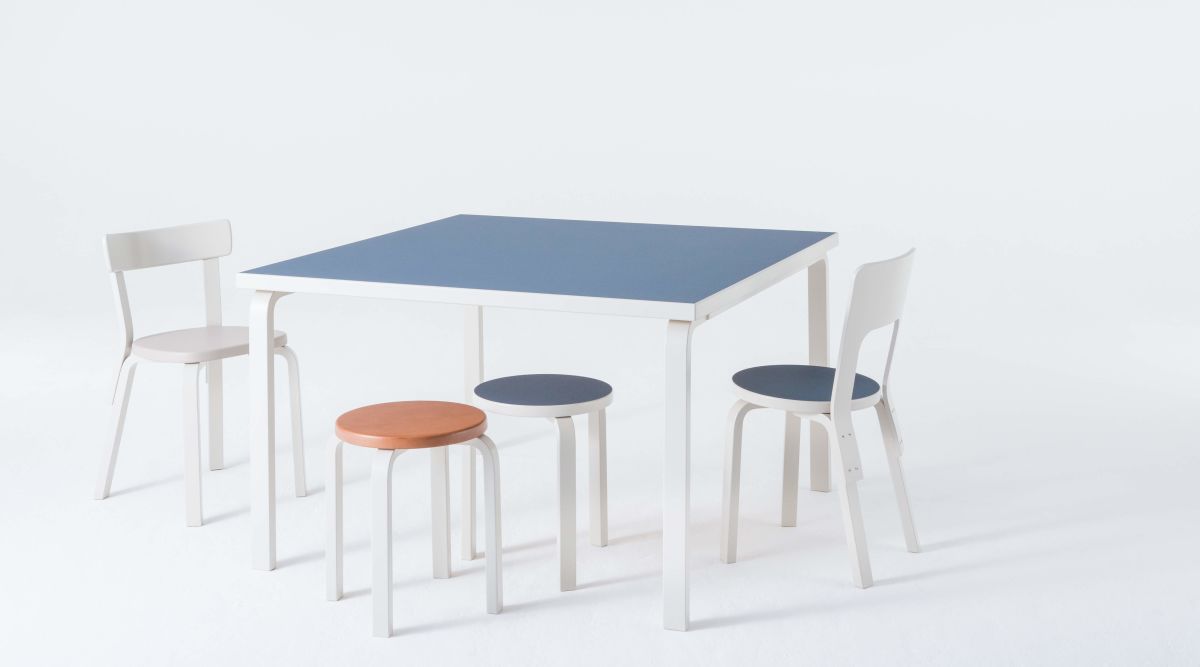 Aalto Table square 80A Chair 66 Chair 69 Stool 60 lacquered stone white