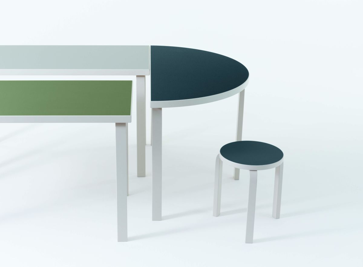 Aalto Table rectangular 80A Aalto Table half-round 95 Stool 60 stone white lacquer