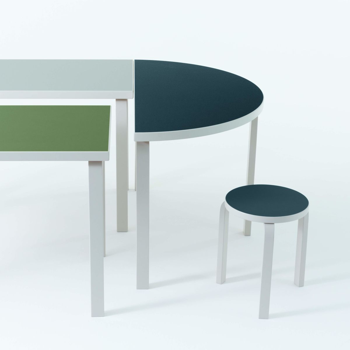 Aalto Table rectangular 80A Aalto Table half-round 95 Stool 60 stone white lacquer