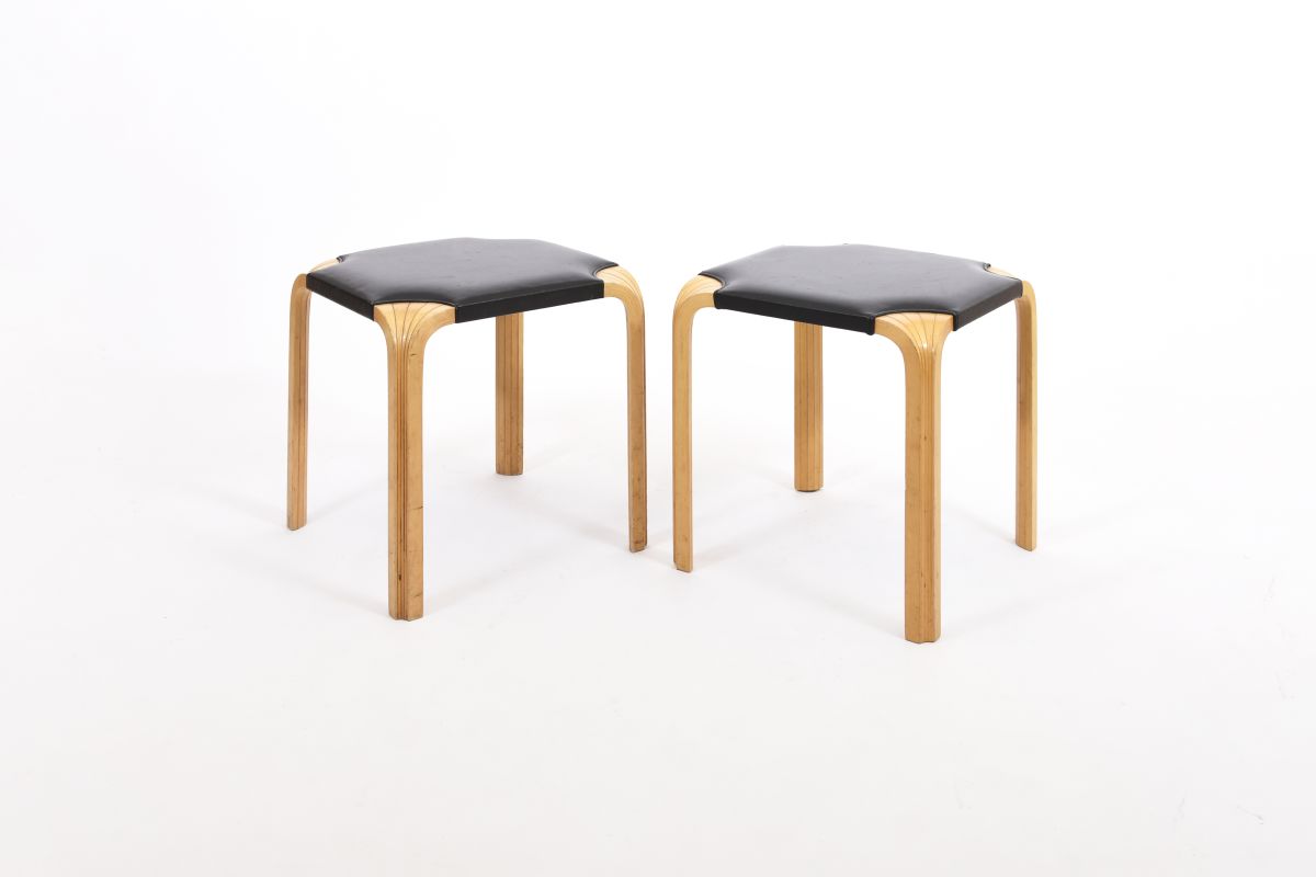 Aalto Alvar Stool X602 black leather pair