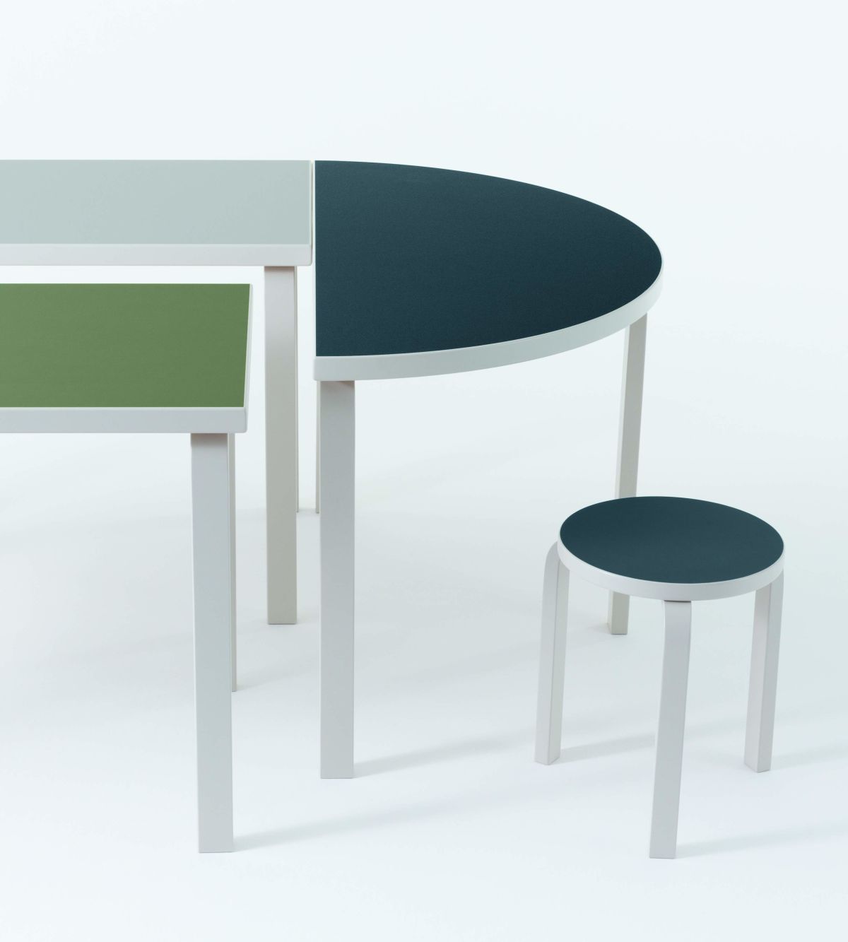 Aalto Table rectangular 80A Aalto Table half-round 95 Stool 60 stone white lacquer