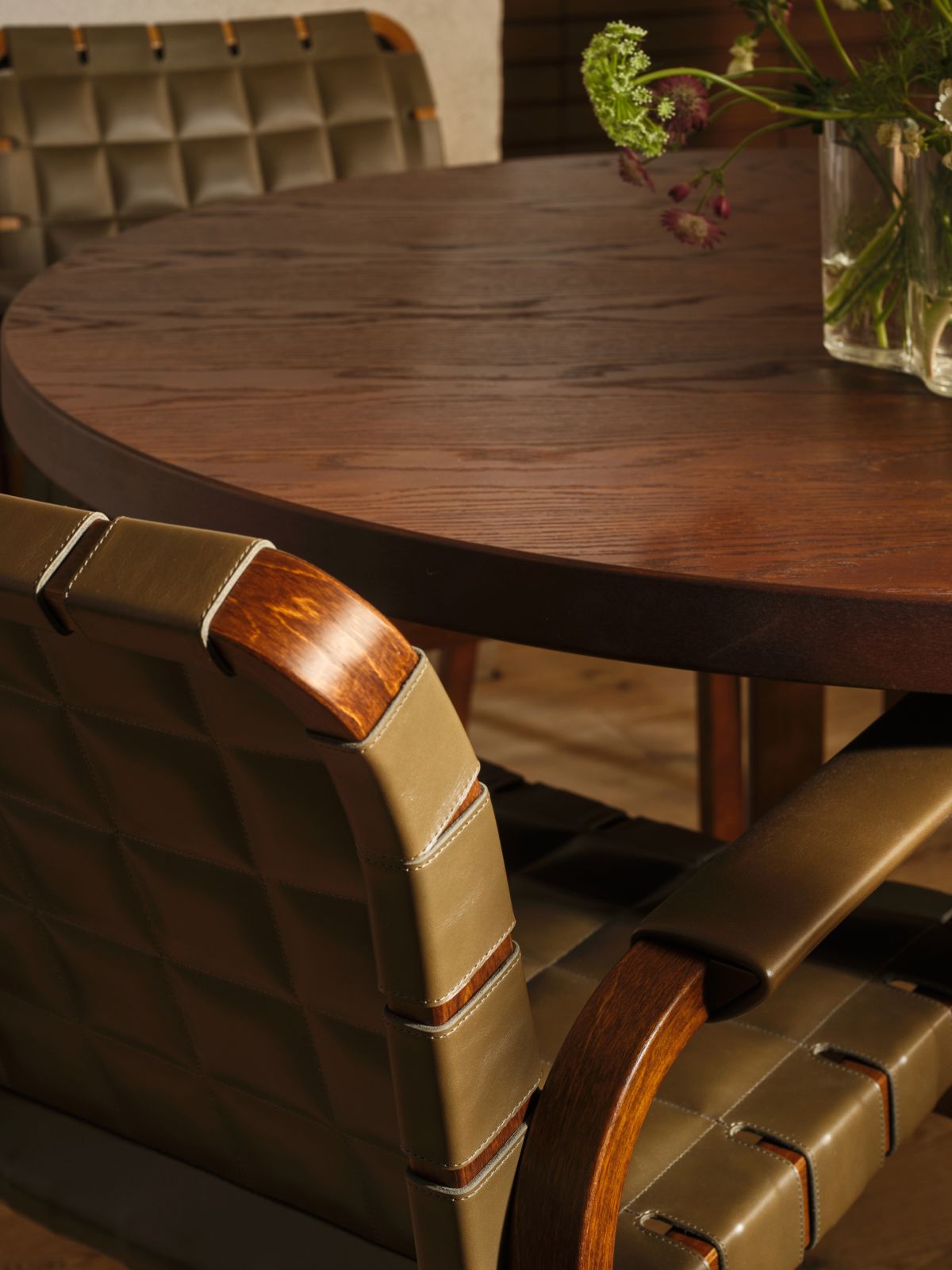 Artek Crafted Through Time in-situ Armchair 45 envy olive flatwrap Aalto Table round walnut stain